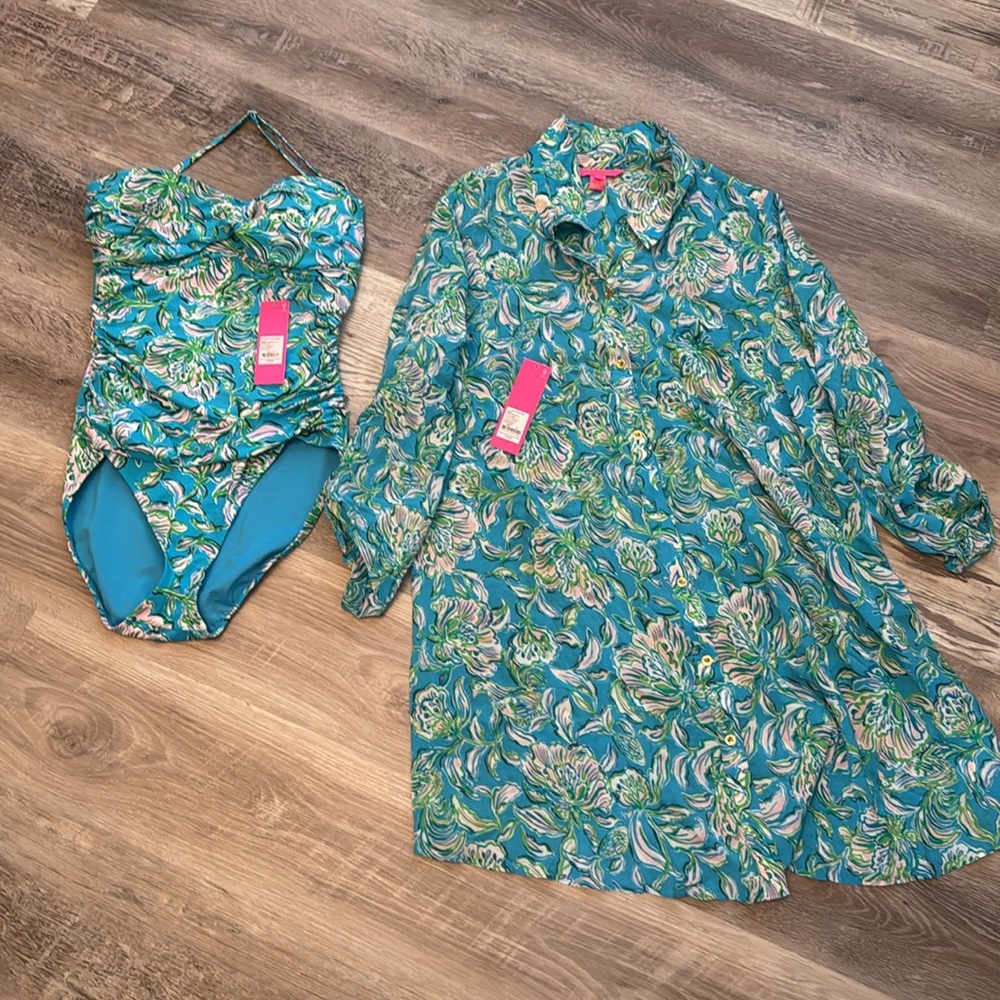 Lilly Pulitzer Set Flamenco swim suit / Natalie coverup blue chick magnet